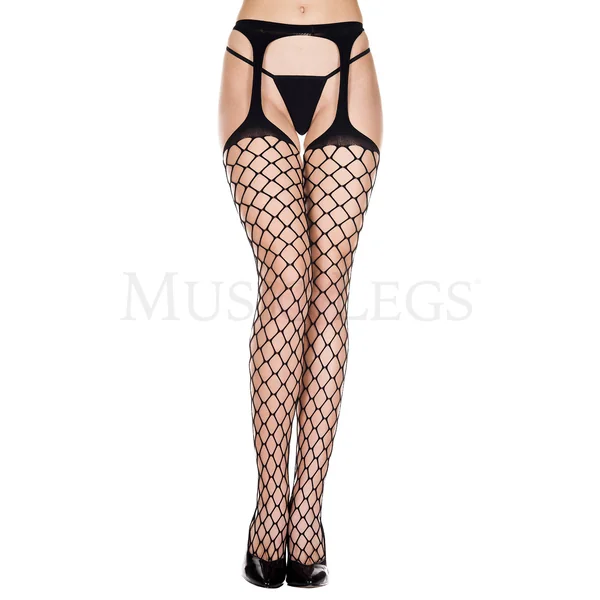 DIAMOND NET SUSPENDER PANTYHOSE - BLACK