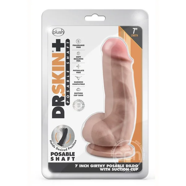 Dr. Skin Plus Gold Collection Girthy Posable Dildo with Balls and Suction Cup 7in - Vanilla