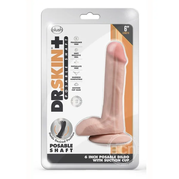 Dr. Skin Plus Gold Collection Posable Dildo with Balls and Suction Cup 6in - Vanilla