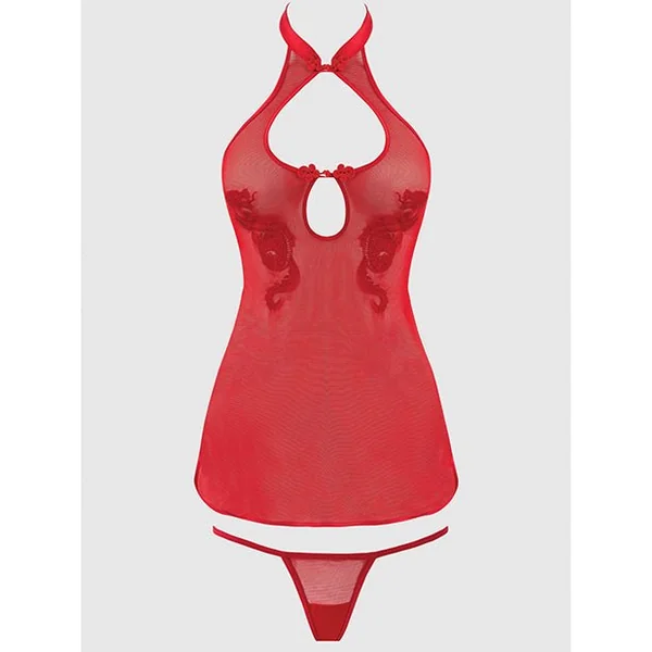 Dragon Mesh & Applique Chemise w/G-String 2 pc Set - Red SM