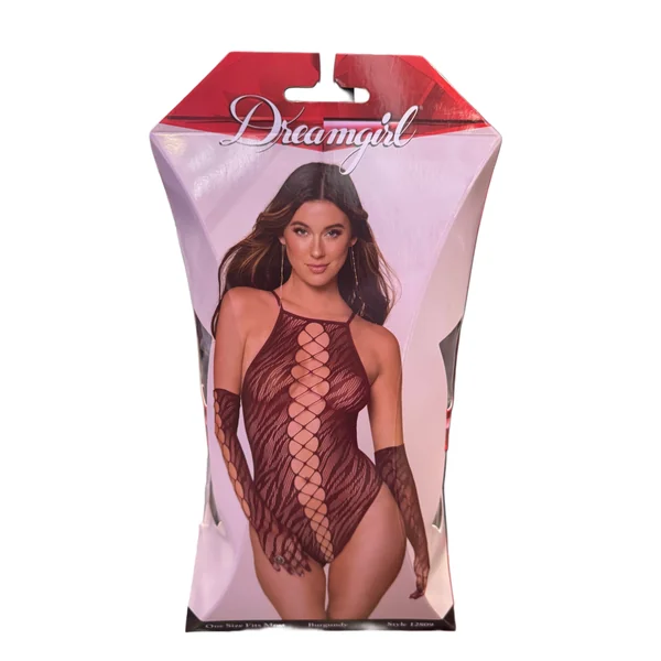 DREAMGIRL ANIMAL PRINT FISHNET TEDDY GLOVES BURGUNDY OS