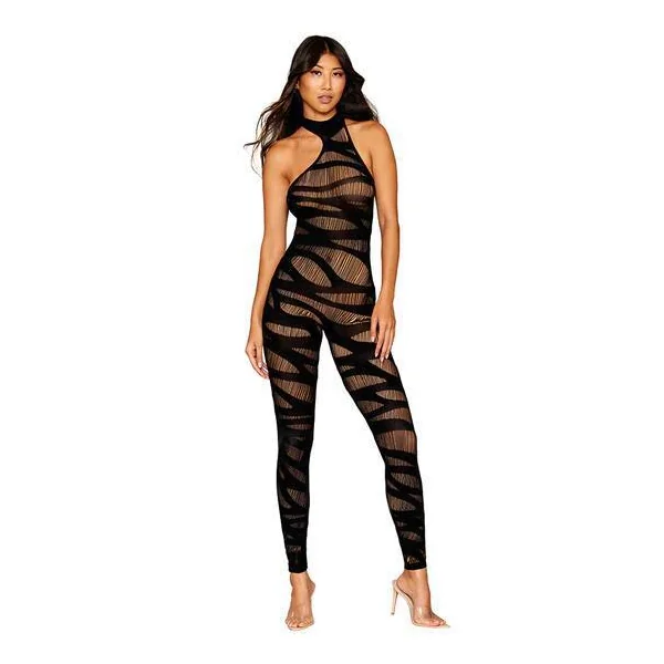 Dreamgirl Asymmetric Neck Ripped-Effect Bodystocking Black O/S