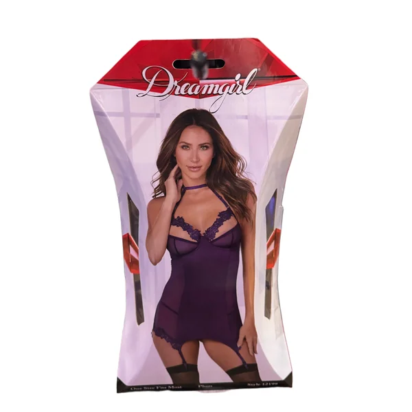 DREAMGIRL MICROFIBER & MESH GARTER SLIP PLUM OS