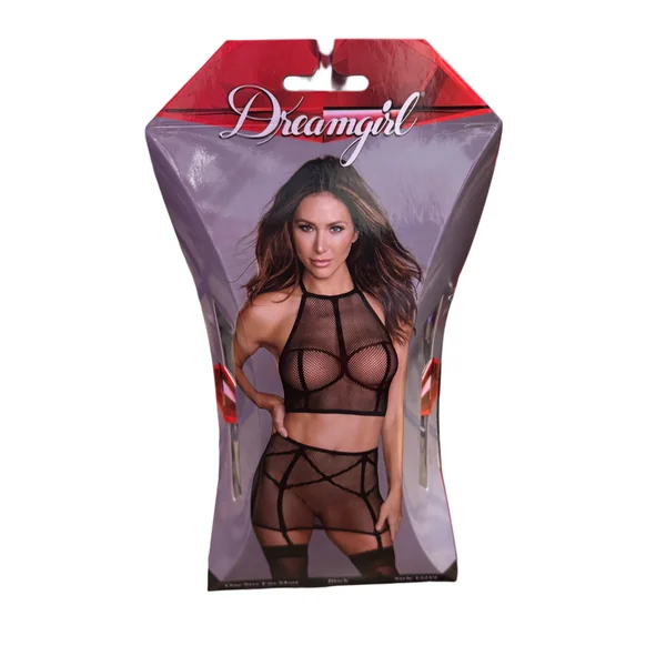 DREAMGIRL SEAMLESS FISH NET TWO PIECE SET BLACK OS