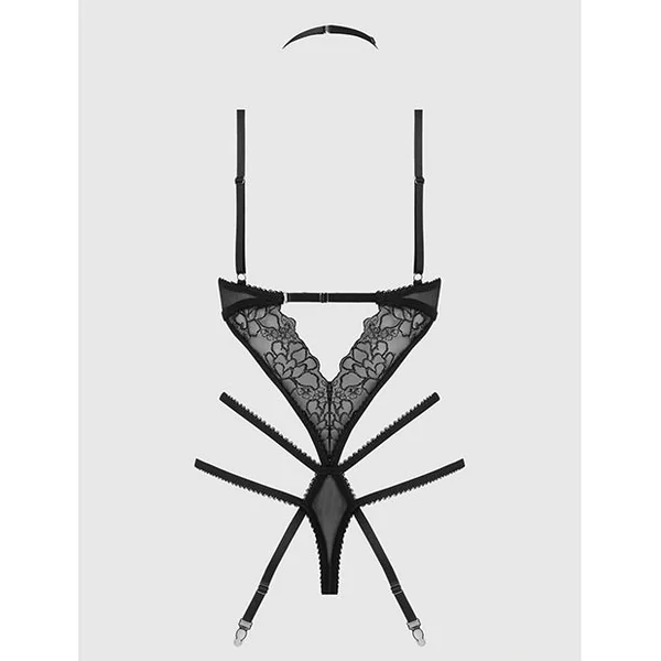 Eden Embroidered Lace & Mesh Teddy w/Garters - Black XL