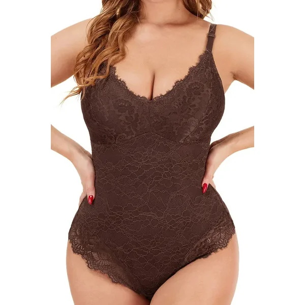 Elegant Cocoa Lace Deep V Slimming Tummy Control Bodysuit