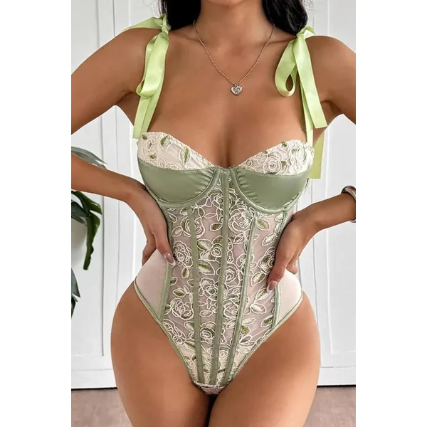 Elegant Green Satin Corset Bodysuit