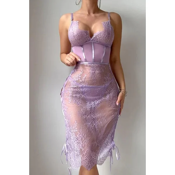 Elegant Lavender Lace Lingerie Gown
