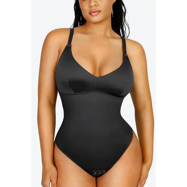 Elegant Satin Shimmer Black Contoured Shaping Bodysuit