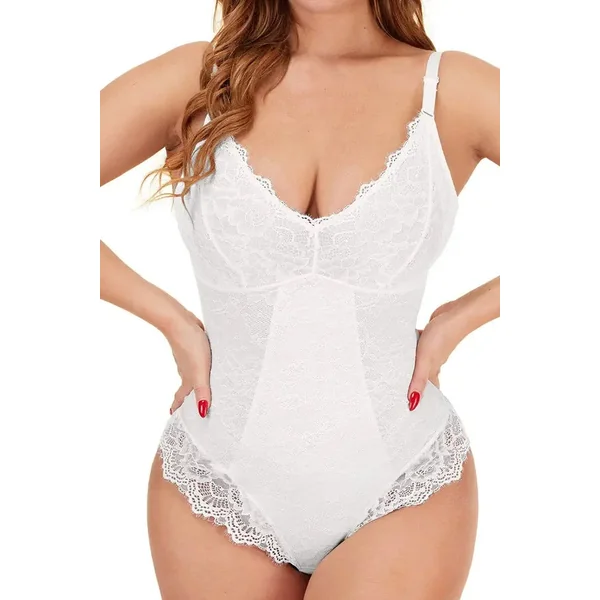 Elegant White Lace Deep V Slimming Tummy Control Bodysuit