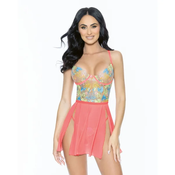 Escante Floral Embroidery & Mesh Split Side Babydoll