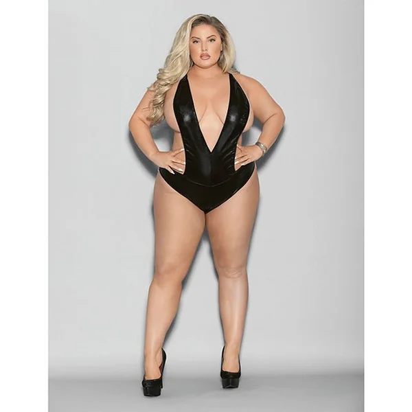 Euphoria Wet Look Deep V Teddy Black O/Q