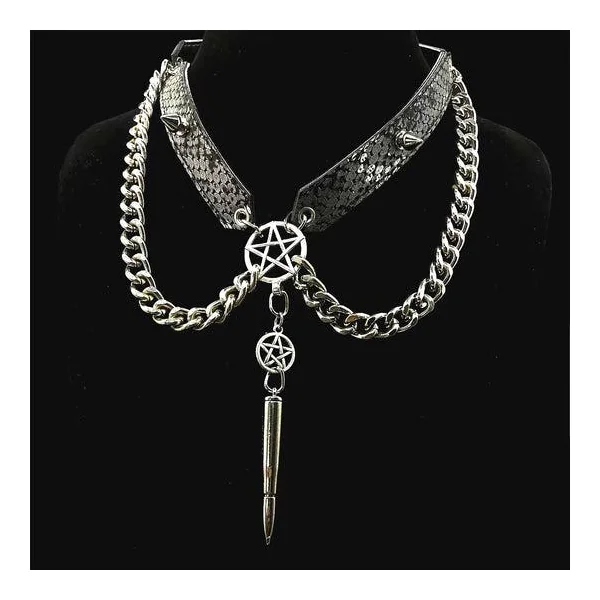 EXOTIC BLACK LIZARD PRINT GOTHIC COLLAR WITH BULLET