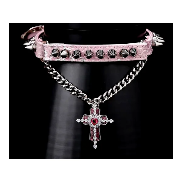 EXOTIC PINK LIZARD PRINT GOTHIC COLLAR WITH CROSS & SPIKES