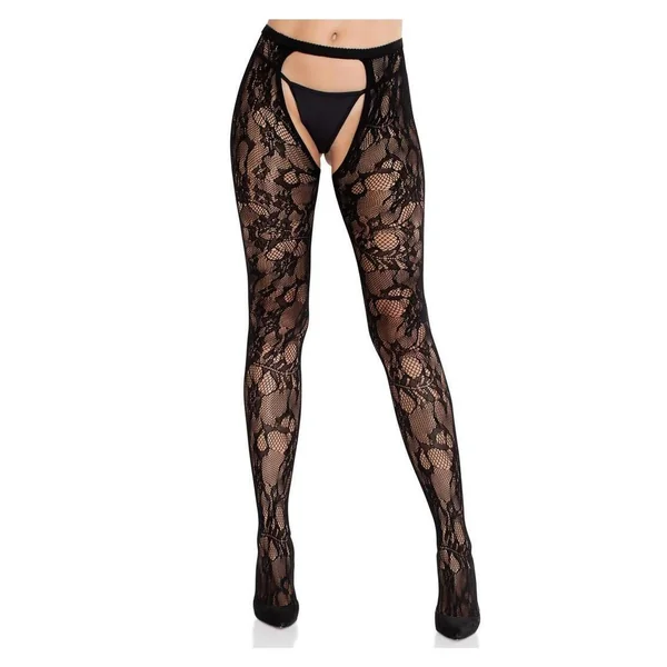 Eyelet Rose Lace Crotchless Tights with Cheeky Open Back - Black - O/S