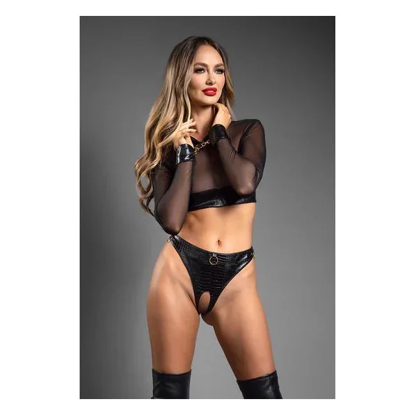 Fantasy Lingerie Domina Embossed Faux Leather Mesh Long Sleeve Top & Crotchless Thong