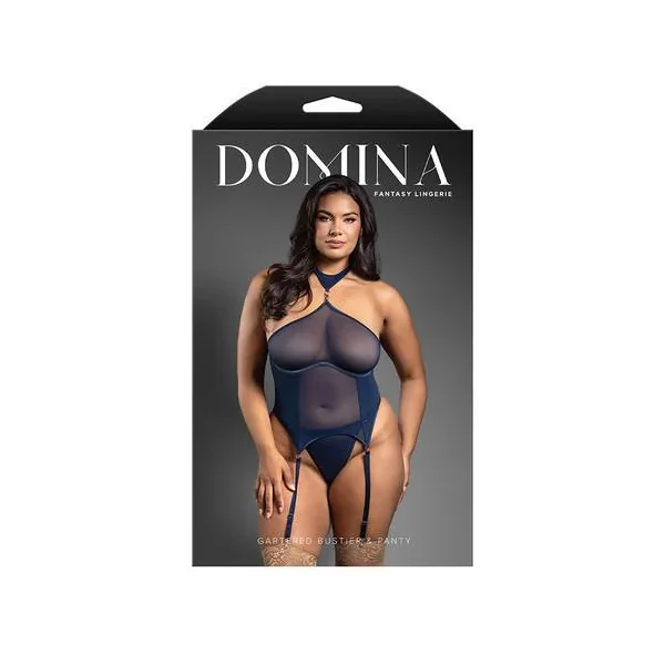 Fantasy Lingerie Domina Gartered Mesh Monowire Bustier with Detachable Choker Halter & G-String