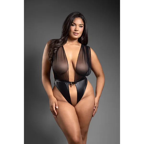 Fantasy Lingerie Domina Mesh Tie-Back Plunge Front Teddy with Buckle Waist and Lock & Key Detail