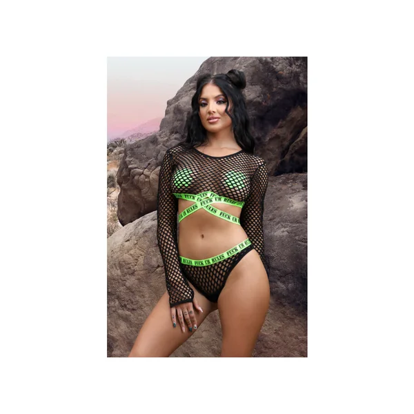 Fantasy Lingerie Fuck Ur Rules Long Sleeve Fishnet Top & Panty with UV Reactive Elastic and Cross Pasties