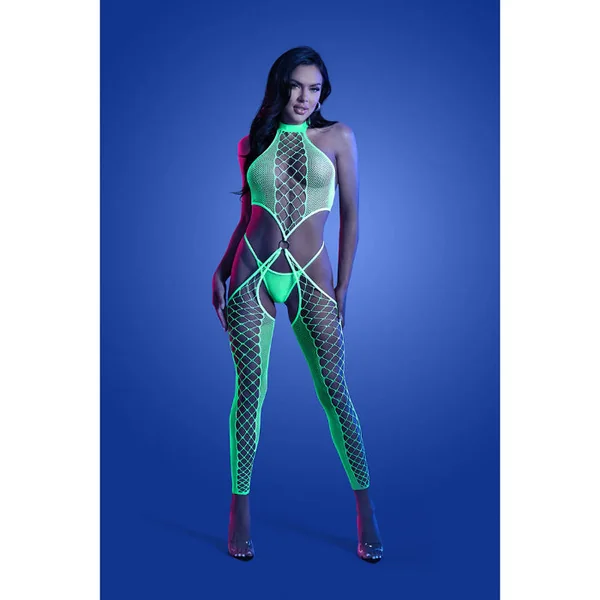 Fantasy Lingerie Glow High Voltage UV Reactive High Neck Bodystocking & G-String Panty