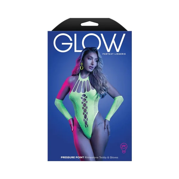 Fantasy Lingerie Glow Pressure Point UV Reactive Rhinestone Teddy & Gloves
