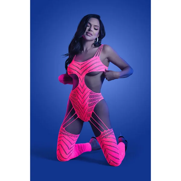 Fantasy Lingerie Glow Wavelength UV Reactive Rhinestone Fishnet Cut-Out Teddy Bodystocking