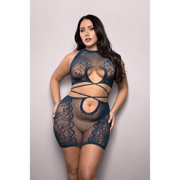 Fantasy Lingerie Vixen At Last Floral Lace Knit Tie-Back Top & Skirt Navy Queen Size