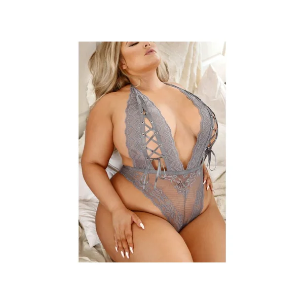 Fantasy Lingerie Vixen Perfect Storm Lace Plunge Teddy With Lace-Up Detail