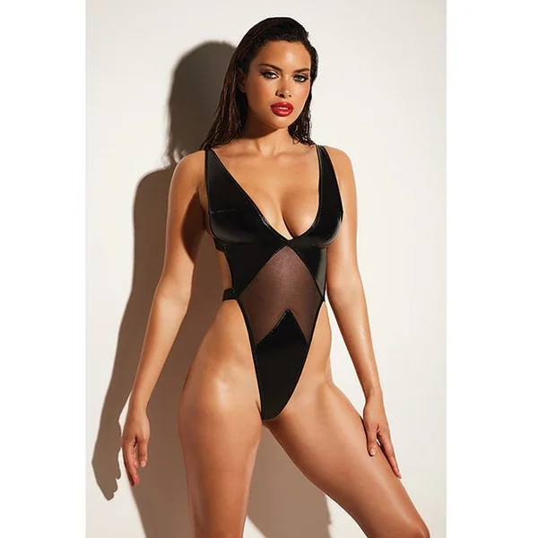 Fetish Limitless Soft Cup High Leg Vinyl & Mesh Teddy Black