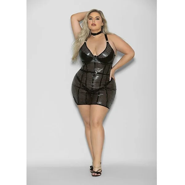 Flame Fetish Mistress Lasercut Lattice Chemise w/Choker & Thong Black 1X/2X