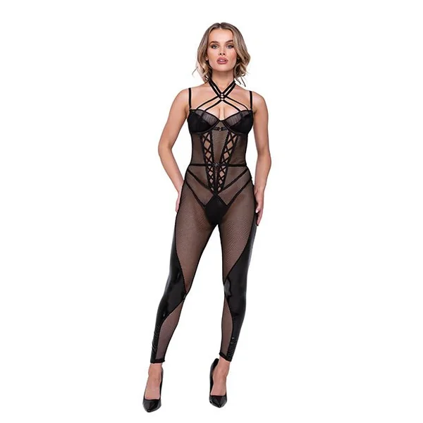 Flirty Fetish Fishnet & Faux Leather Catsuit W/satin Trim Black