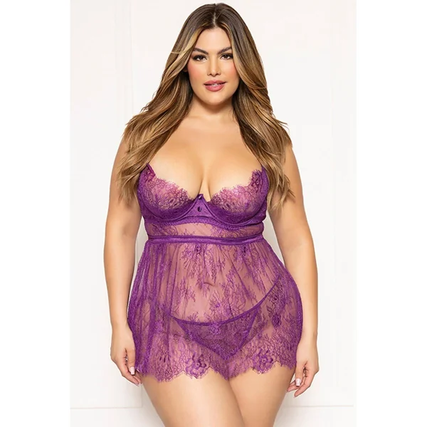 Floral Eyelash Lace Underwire Babydoll w/Thong 2 pc Set - Purple 3X/4X
