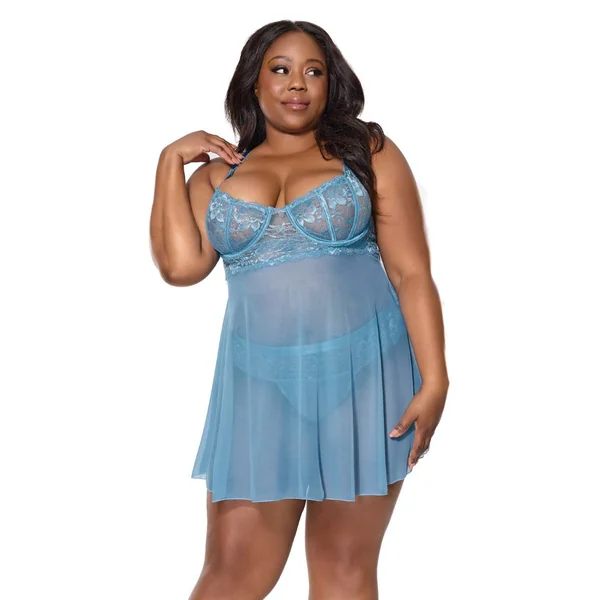 Floral Lace and Mesh Babydoll w/Underwire Cups & High-Waist Thong 2 pc Set - Blue 1X/2X