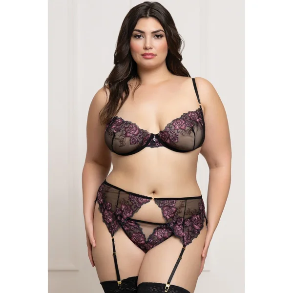 Floral Lace and Mesh Underwire Bra w/Garter & Thong 3 pc Set - Black/Purple 3X/4X