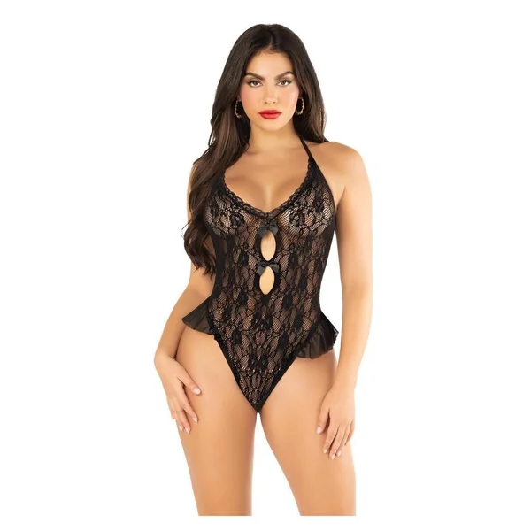 Floral Lace Halter Bodysuit with Mini Bow and Flutter Accent - OS