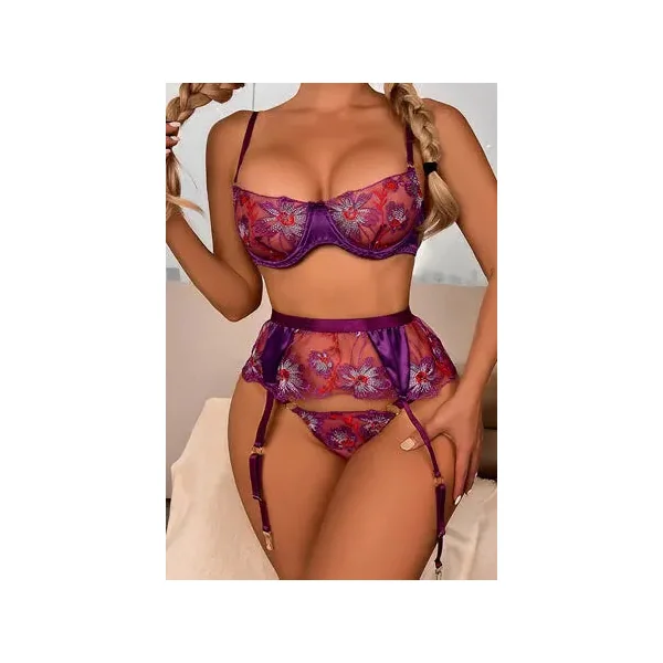 Floral Passion Bra, Thong and Garter Set