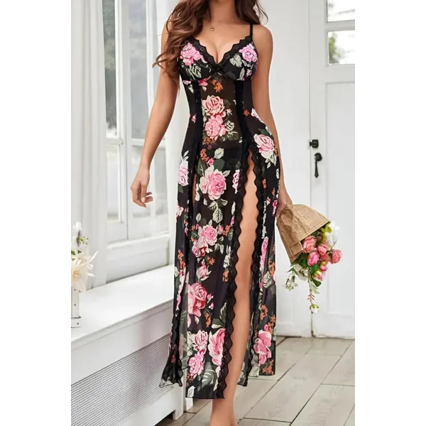 Floral Print Black Sheer Lace Lingerie Gown