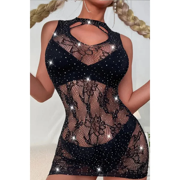 Flower Fishnet Black Mini Dress