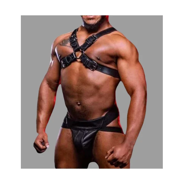 Gay Genuine Leather Harness with Elastic Jockstrap