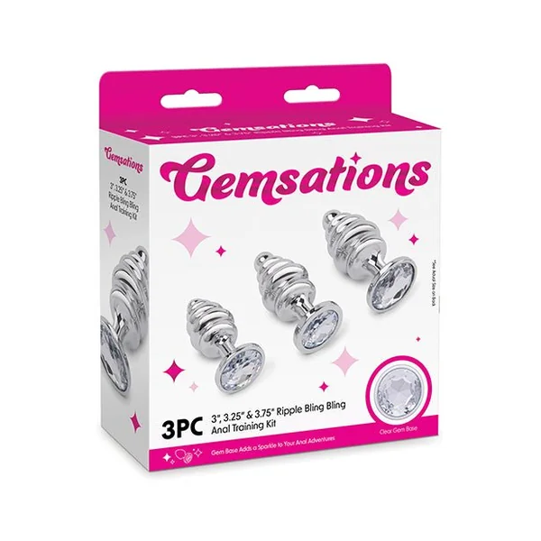 Gemsations 3 pc 2.95" & 3.25" & 3.7" Ripple Bling Bling Metal Butt Plug Training Set - Silver