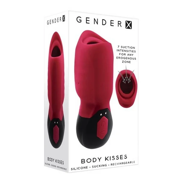 Gender X Body Kisses Rechargeable Silicone Vibrating Suction Massager - Red/Black