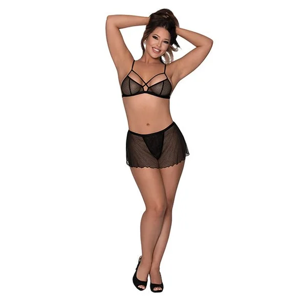 Girl Next Door Strappy Bralette w/Flirty Thong Skirt Black L/XL