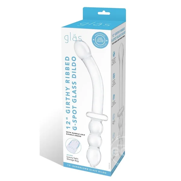 Glas Girthy Ribbed G-Spot Glass Dildo with Handle Grip Double End 12in - Clear