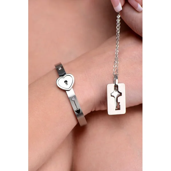 Grey Cuffed Locking Bracelet and Key Necklace