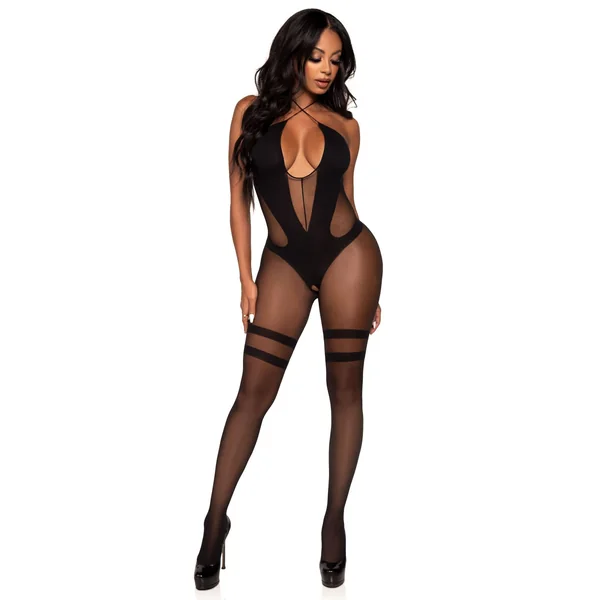Halter Opaque and Sheer Crotchless Lingerie Jumpsuit