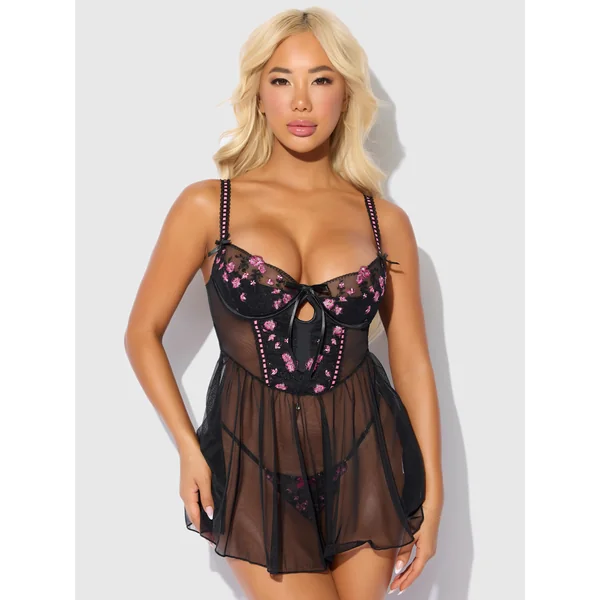 Harper Embroidered Mesh Drop Waist Babydoll & G-String Set