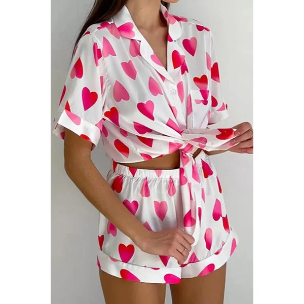 Heart Print Satin PJ Set