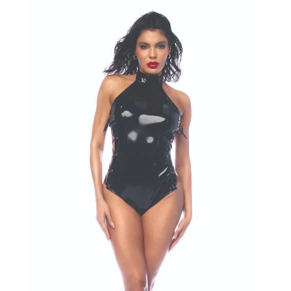 High Neck Halter Wet Look Bodysuit - Black LG
