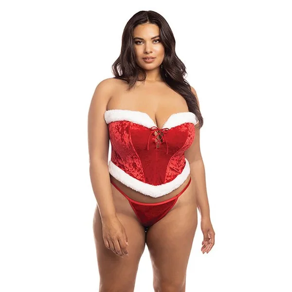 Holiday Santa's Entourage Boned Velvet Bustier w/Marabou Trim & G-String Red/White 1X/2X