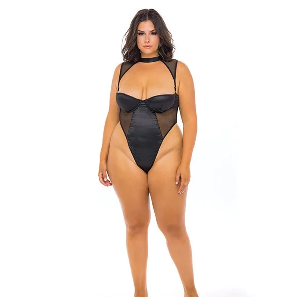 Josephine High Leg Teddy W/removable Fishnet Collared Harness Black